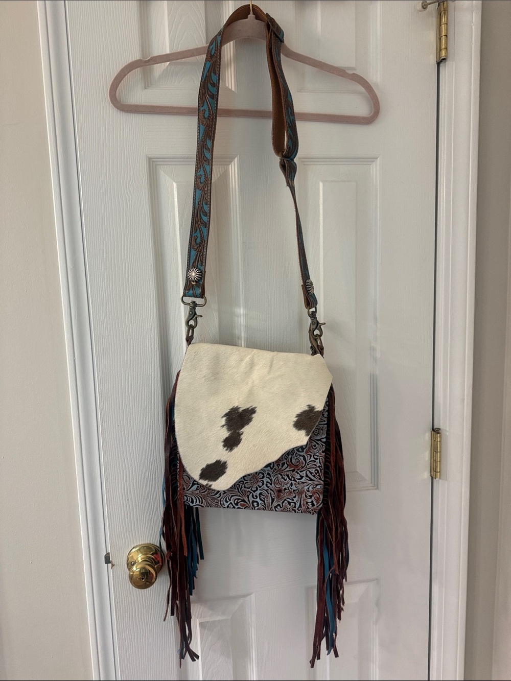 Fringe Leather Crossbody Bag with Cowhide Accent - Brown & White